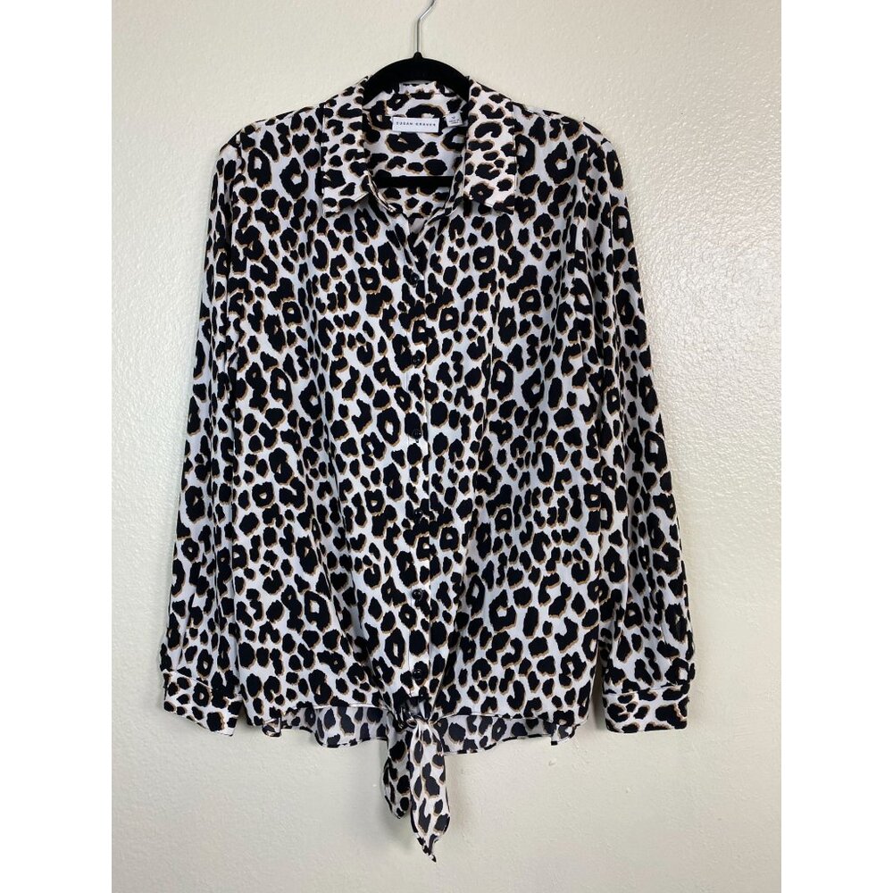 Susan‎ Graver Leopard Button Up Top size 12 Tie Front Lightweight Boho Capsule